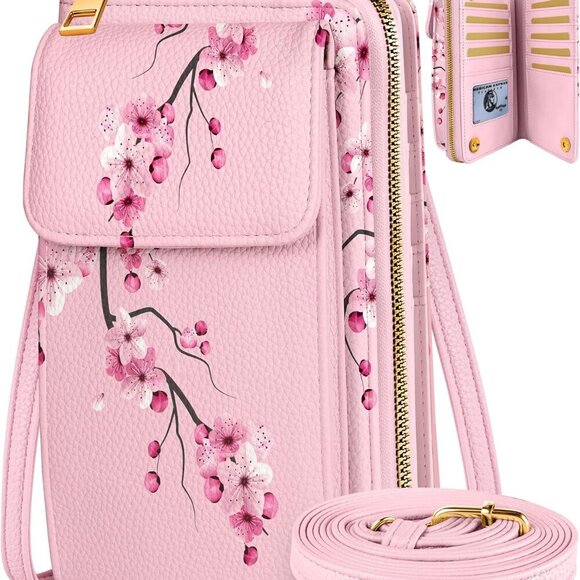 Peach Blossom Crossbody Wallet - Stylish Bag with Spacious Cell Phone Pocket - Picture 1 of 6